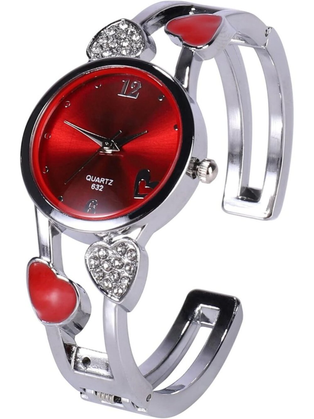 Women's Red Quartz with Rhinestone Round Dial Stainless Steel Band Cuff Watch - Picture 6 of 6